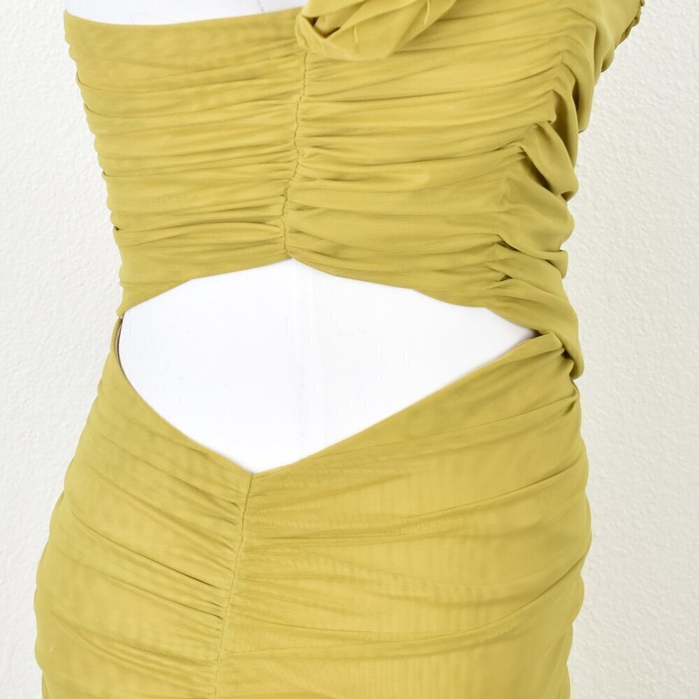 Miss Circle Ruched Chartreuse Cold Shoulder Bodycon Cut Out Dress - M - Picture 3 of 10